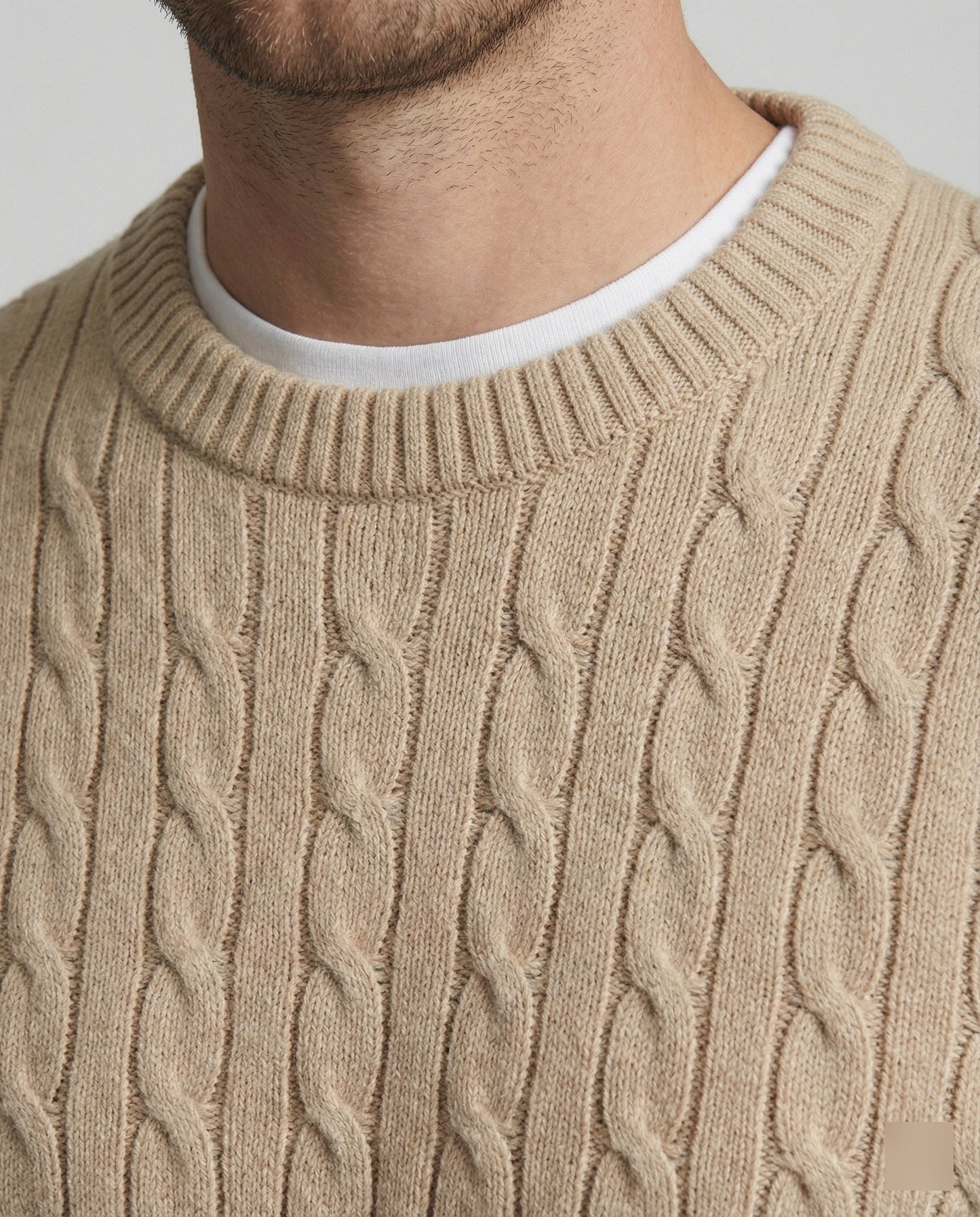 Herren Strickpullover Rundhals Beige Zopfmuster Locker Retro