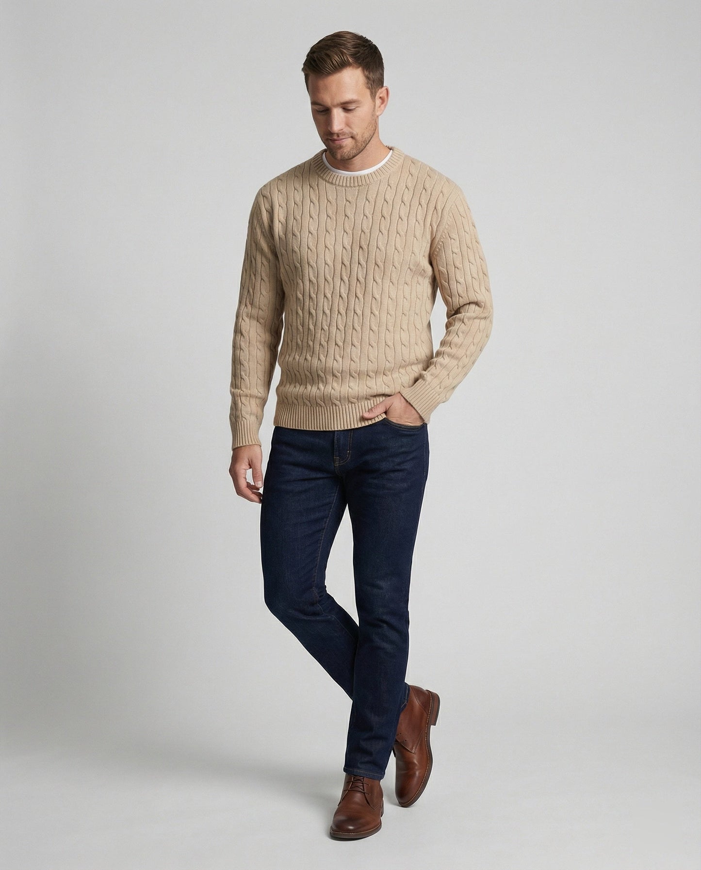 Herren Strickpullover Rundhals Beige Zopfmuster Locker Retro