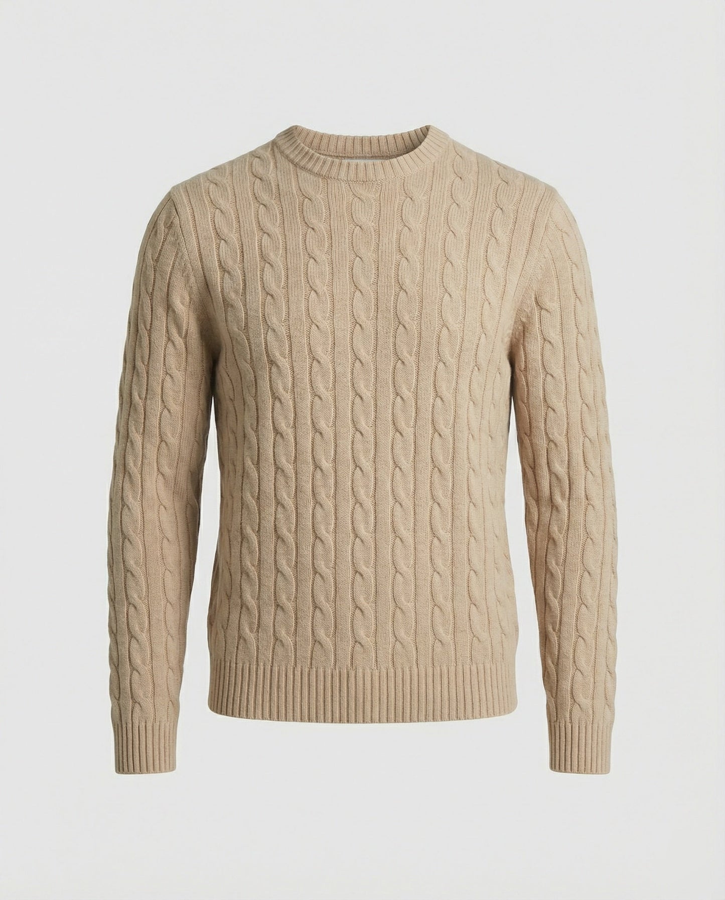 Herren Strickpullover Rundhals Beige Zopfmuster Locker Retro