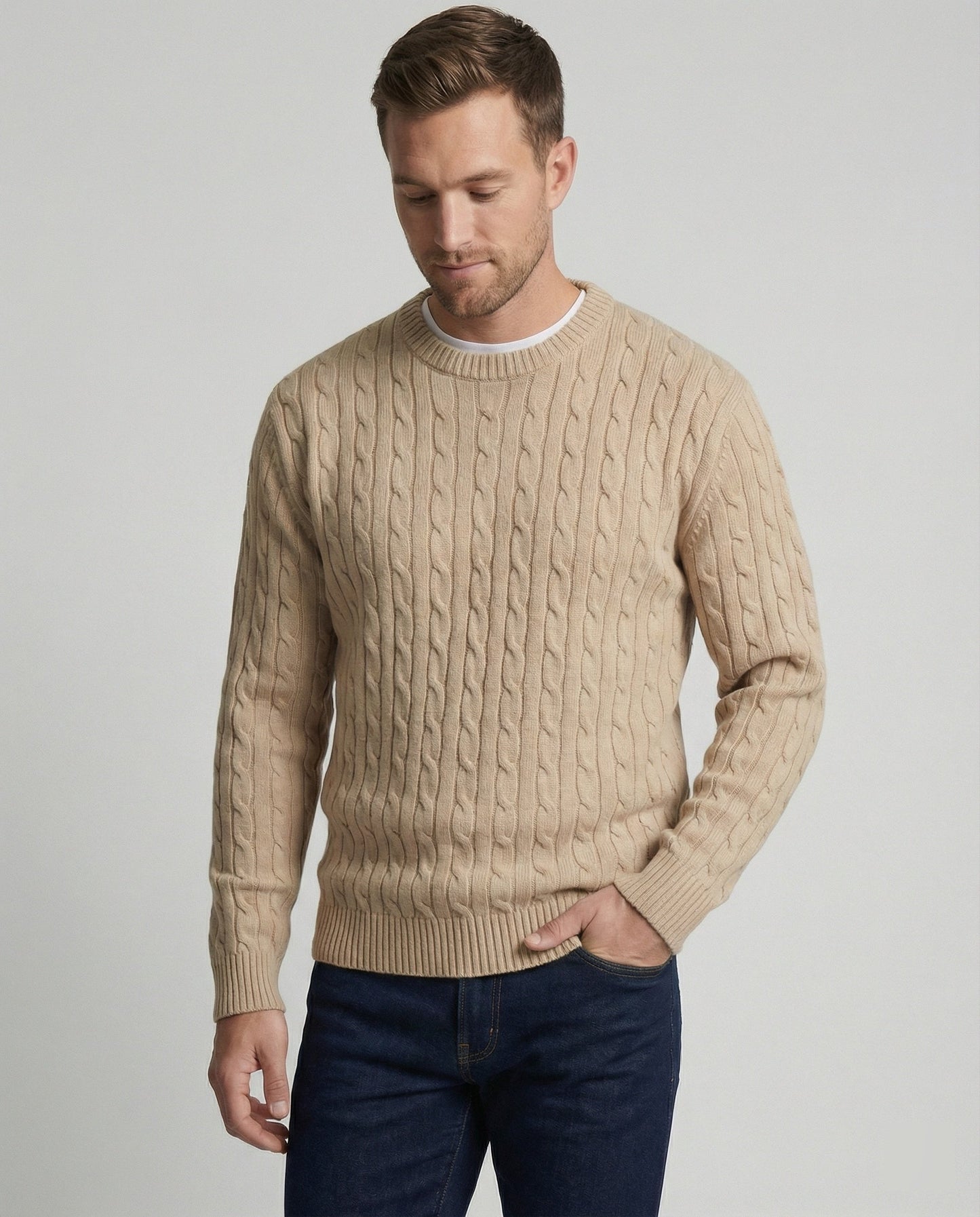 Herren Strickpullover Rundhals Beige Zopfmuster Locker Retro - BerlinGlamour