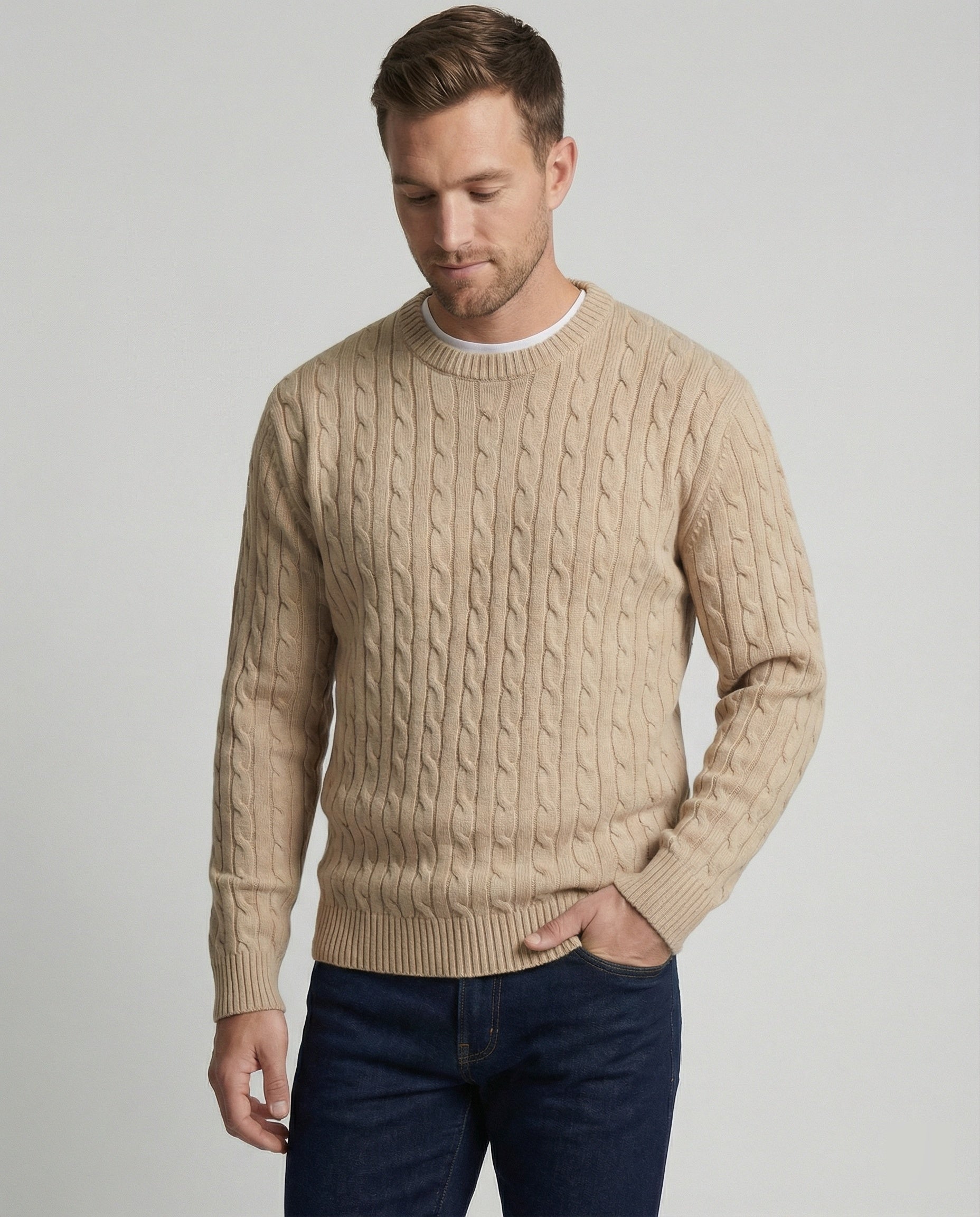 Herren Strickpullover Rundhals Beige Zopfmuster Locker Retro - BerlinGlamour