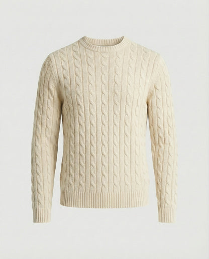 Herren Strickpullover Rundhals Beige Zopfmuster Locker Retro