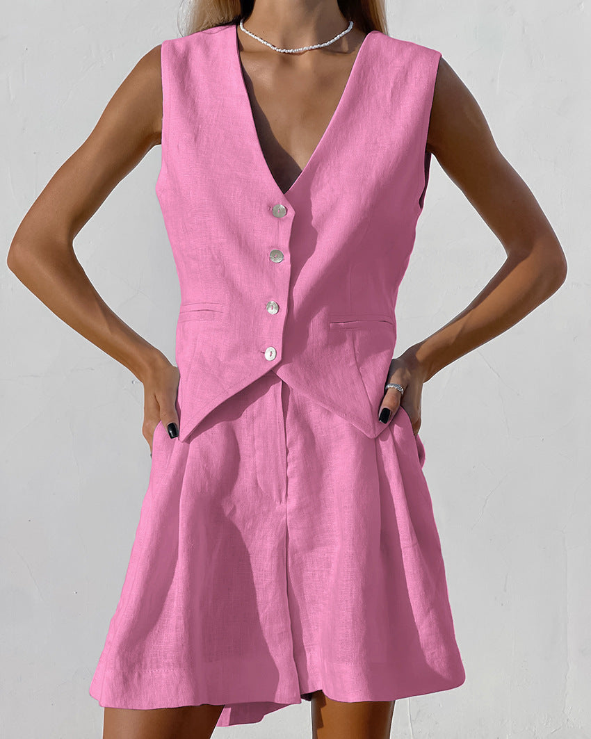 Leinen Weste und Shorts Set Geschäftlich Elegant Sommer