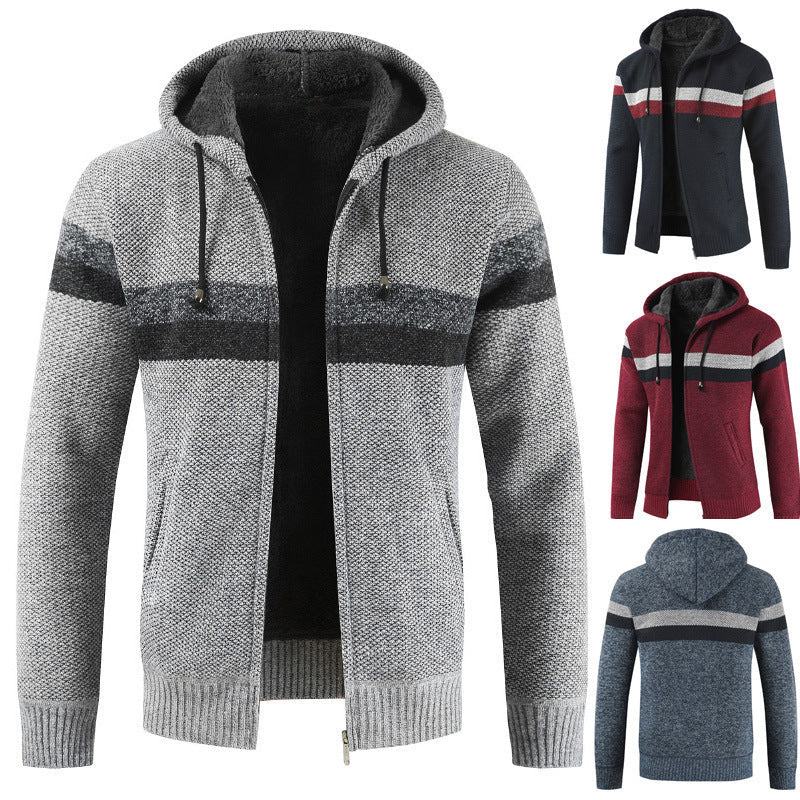 Herren Strickjacke Kapuze mit Kontraststreifen Modern
