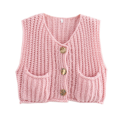 Damen Strickweste Modern mit Knöpfen und Taschen