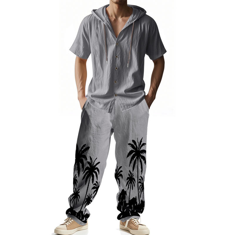 Herren Casual Set Kurzarm Hoodie Cargohose Palmenmuster