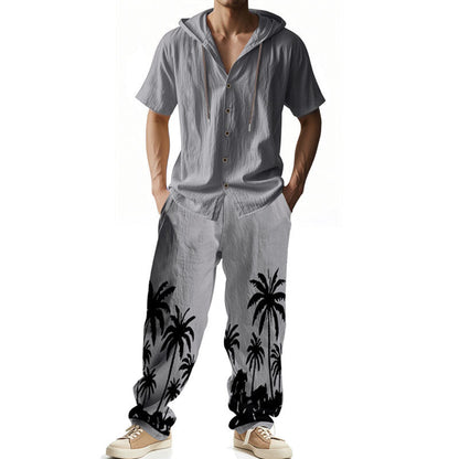 Herren Casual Set Kurzarm Hoodie Cargohose Palmenmuster