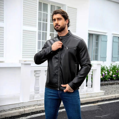 Herren Lederjacke Modern Reißverschluss Schwarz