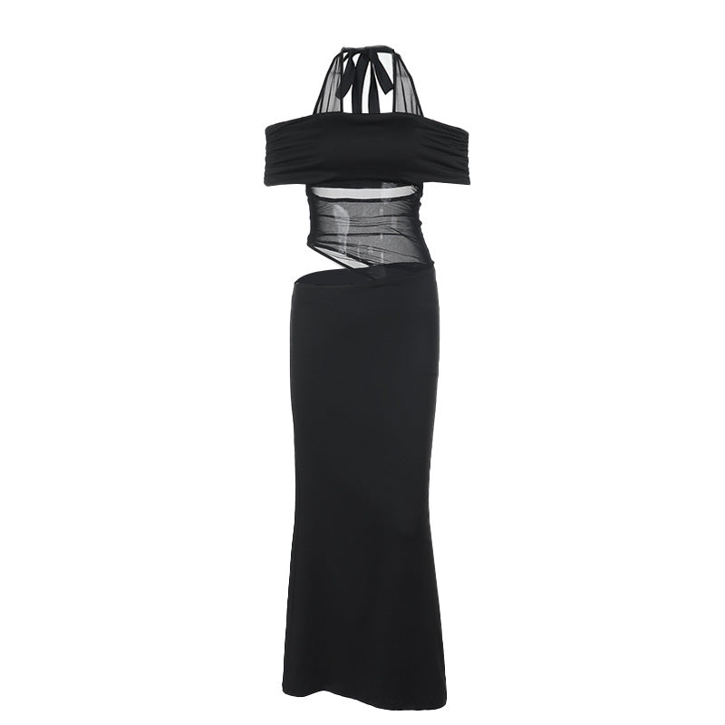 Damen Cocktailkleid Schulterfrei mit Netz-Einsatz Elegant