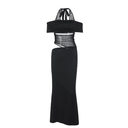 Damen Cocktailkleid Schulterfrei mit Netz-Einsatz Elegant