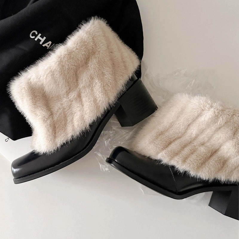 Damen Stiefeletten Luxus Kunstfell Bequem Blockabsatz
