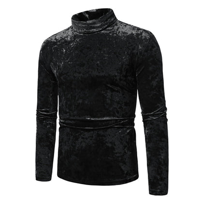 Herren Rollkragenpullover Samt Elegant Schwarz