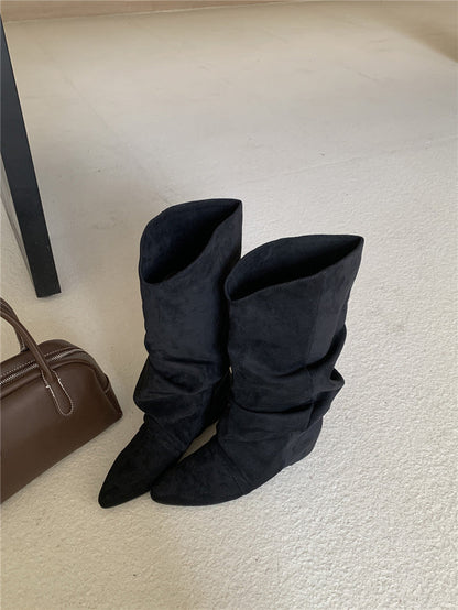 Damen Stiefel Spitz Absatz Geraffter Schaft Moderne Mode
