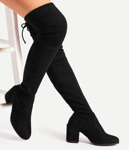 Damen Overknee Stiefel Hoch mit Blockabsatz Schnürsenkel Elegant