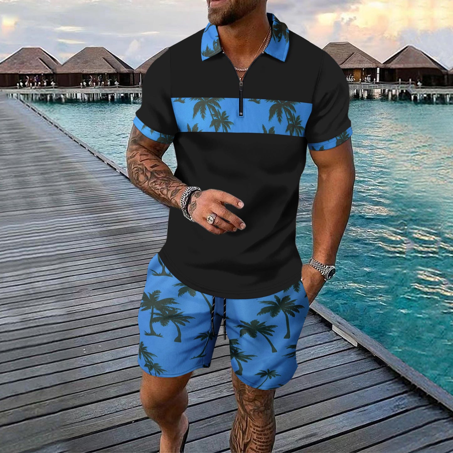 Herren Polohemd Elegant Geschnitzt mit Shorts Sommer