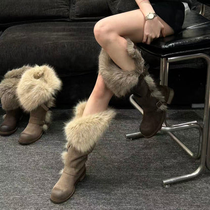 Damen Winterstiefel Flauschig Warm Schnalle Schwarz - BerlinGlamour