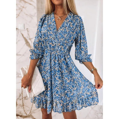 Damenkleid Bluse Romantisch Floral V-Ausschnitt Rüschenärmel