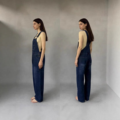 Damen Latzhose Jeans Weites Bein Tiefes Dekolleté