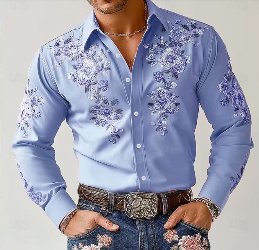 Herren Hemd Langarm Elegantes Blumen Muster Berlin Style