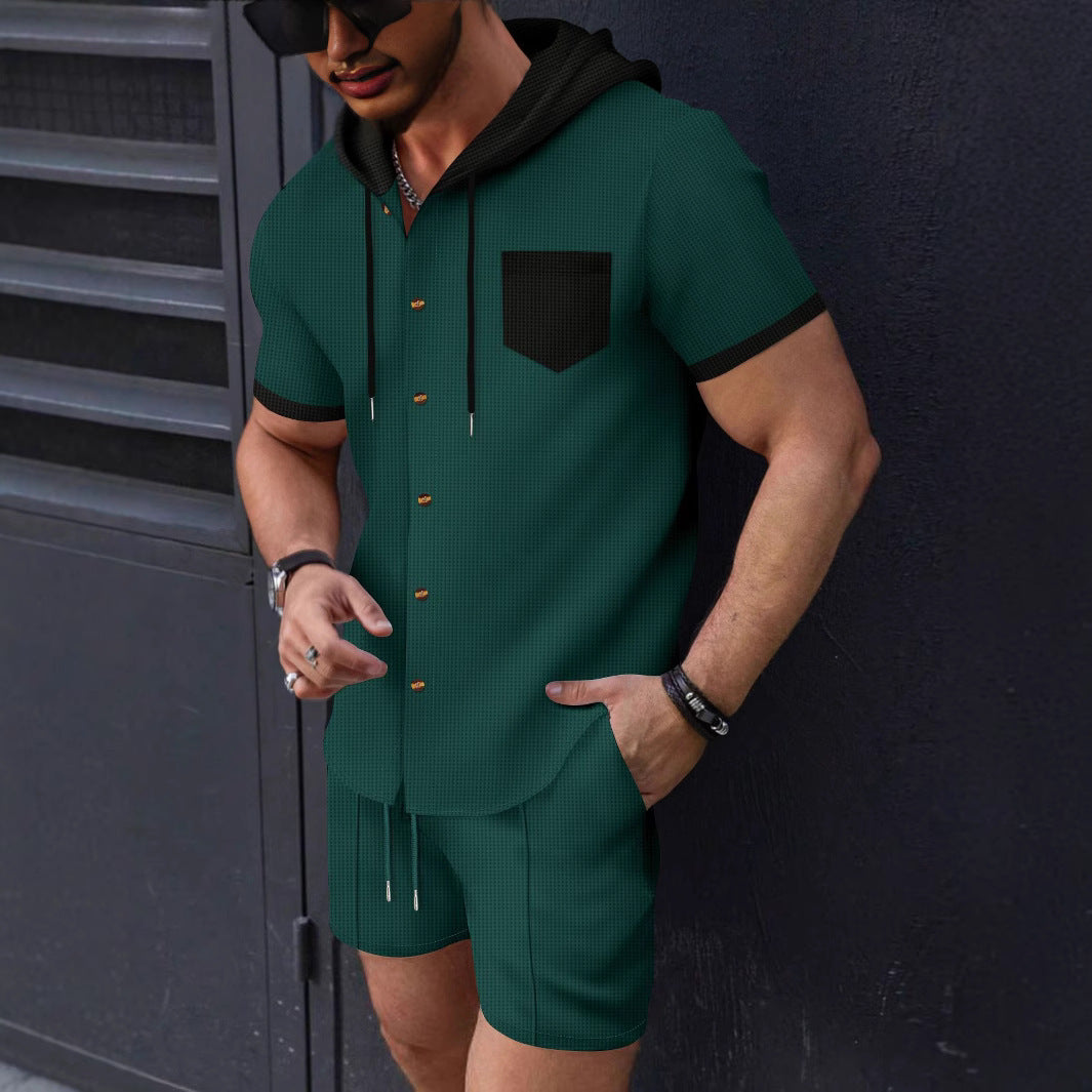 Herren Kurzarm-Hemd mit Shorts und Kapuze Sommer