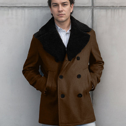 Herren Mantel Eleganter Wolle Fellkragen Schwarz - BerlinGlamour