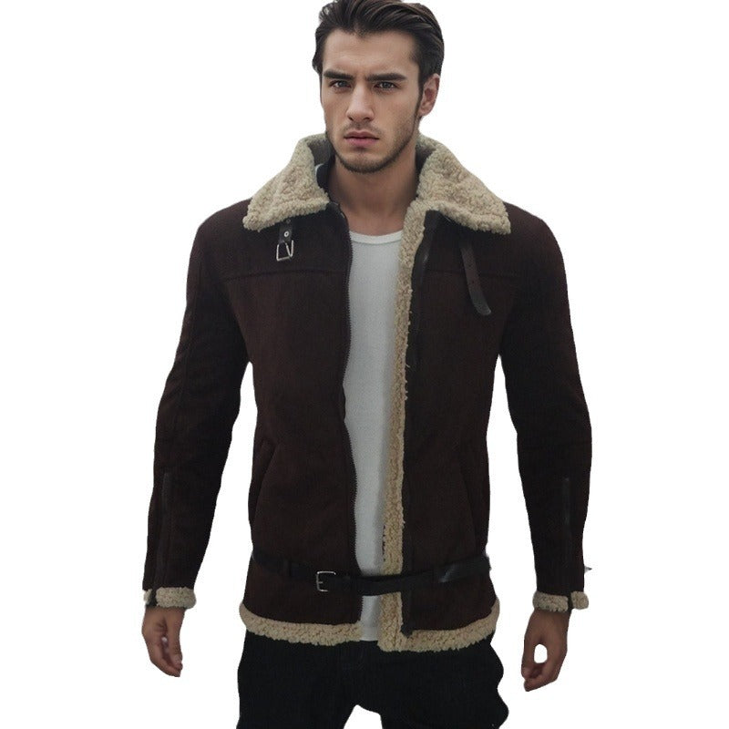 Herren Lammfelljacke Modern Abnehmbare Kapuze Schwarz