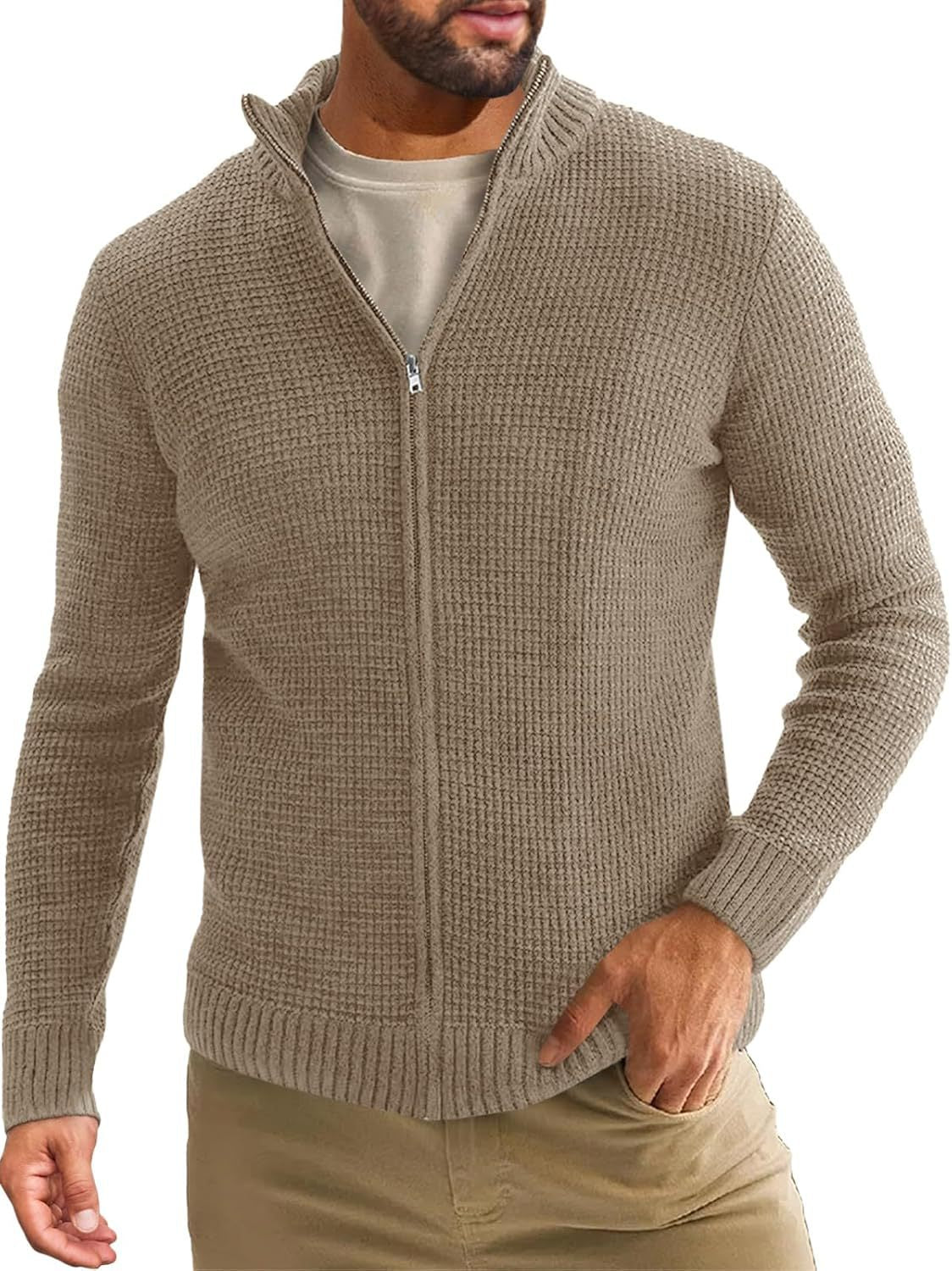 Herren Strickjacke Lang Reißverschluss Hochkragen Winter