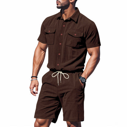 Herren Sommer Set Kurzarm Hemd Shorts mit Brusttaschen Elastisch