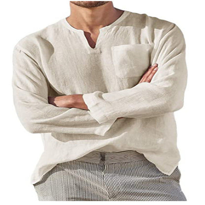 Herren Leinenhemd V-Ausschnitt Leicht Sommer