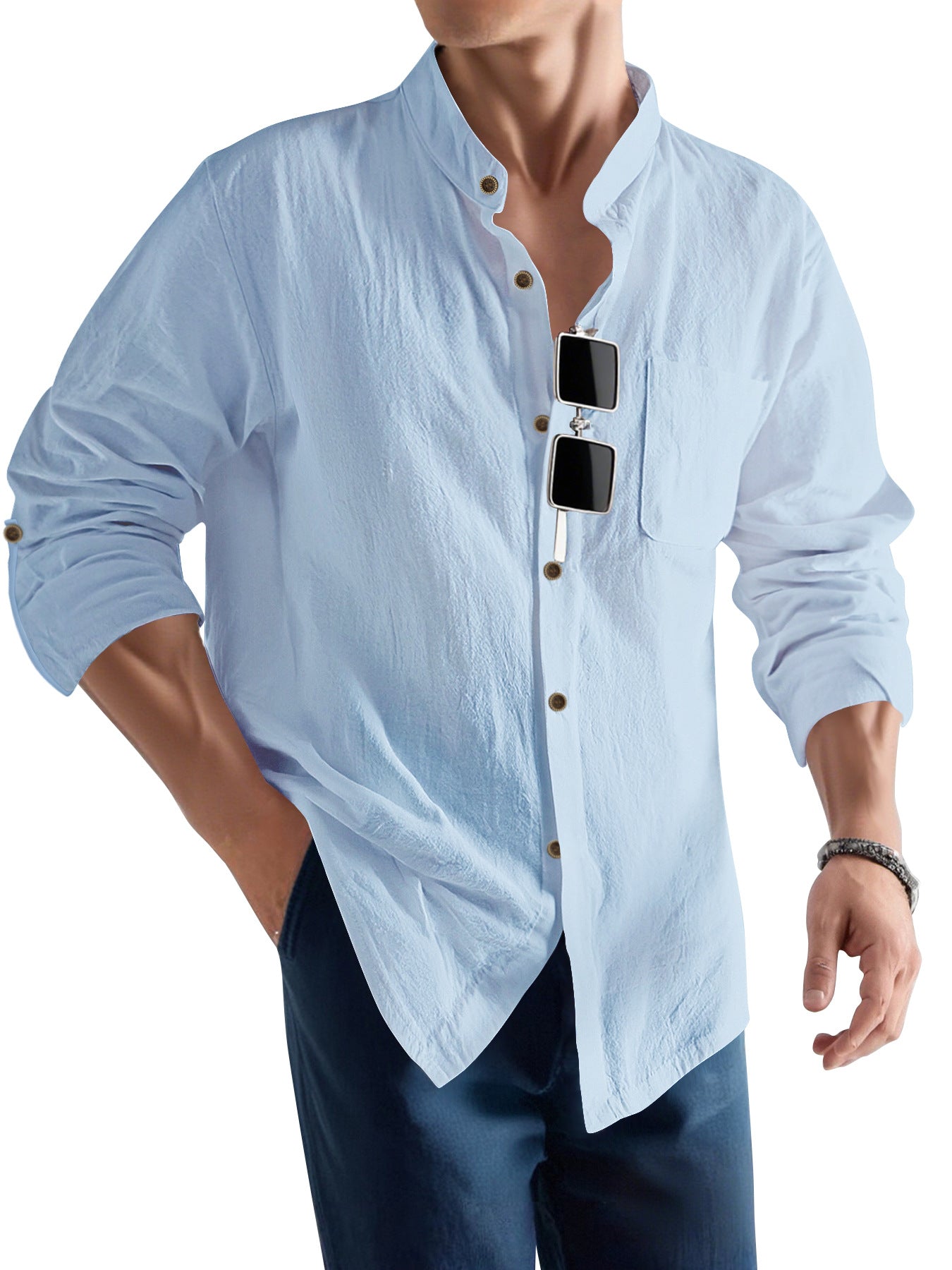 Herren Langarmhemd Slim Fit Henley Ausschnitt Modern