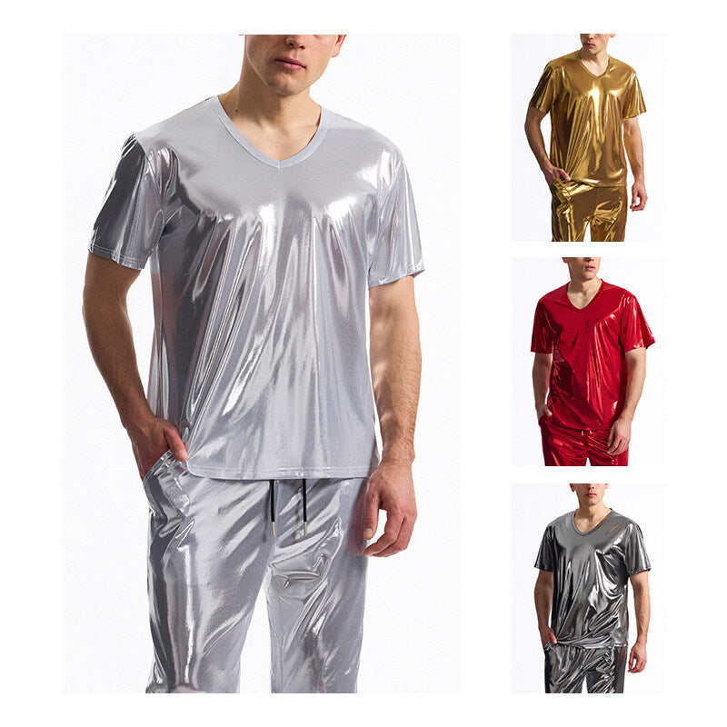 Herren T-Shirt V-Ausschnitt Metallic Glänzend