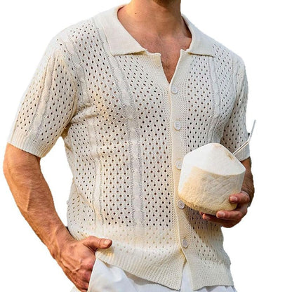 Herren Strickhemd Kurzarm Leicht Durchbrochen Modern