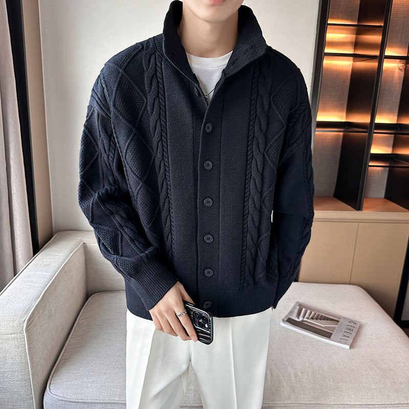 Herren Pullover Grobstrick Modern Stehkragen Knopfleiste