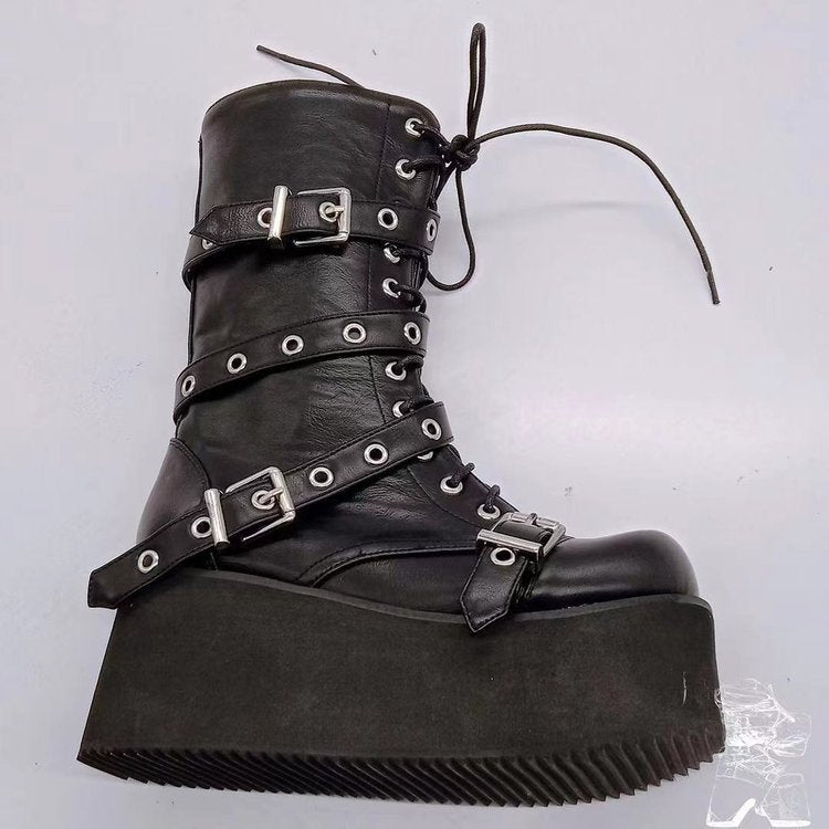 Damen Plateau-Stiefel Robust Leder Schnalle Hochhackig
