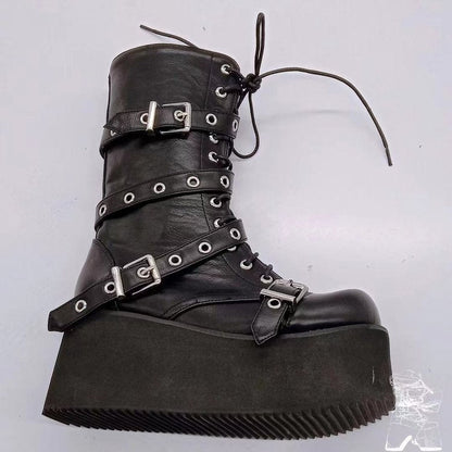 Damen Plateau-Stiefel Robust Leder Schnalle Hochhackig