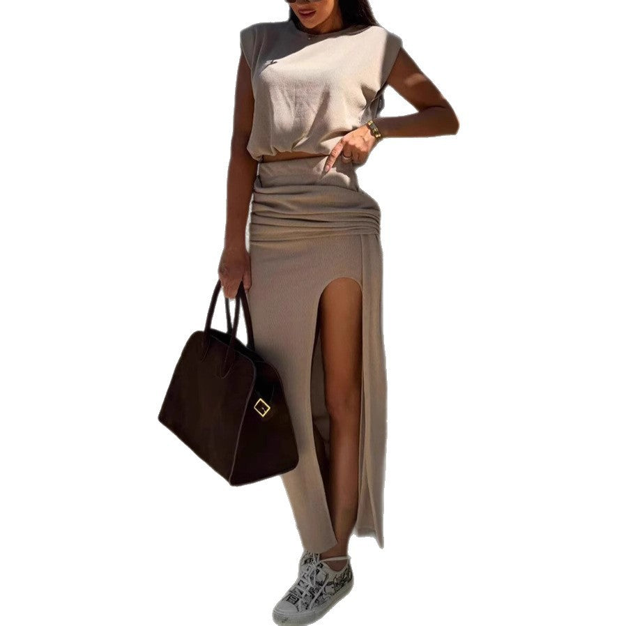 Damen Maxirock Outfit mit Crop Top und Seitenschlitz Elegant