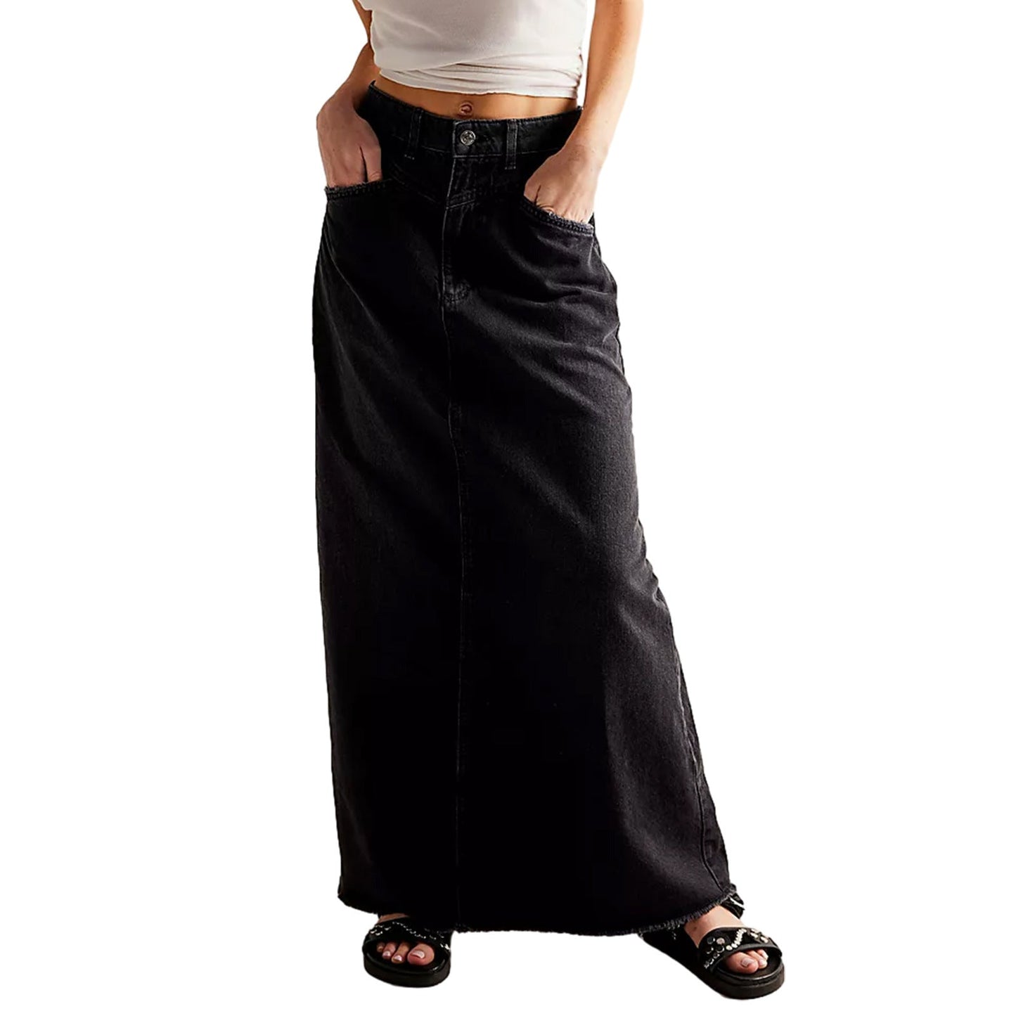Damen Denim-Rock Hochtailliert mit Taschen Lang
