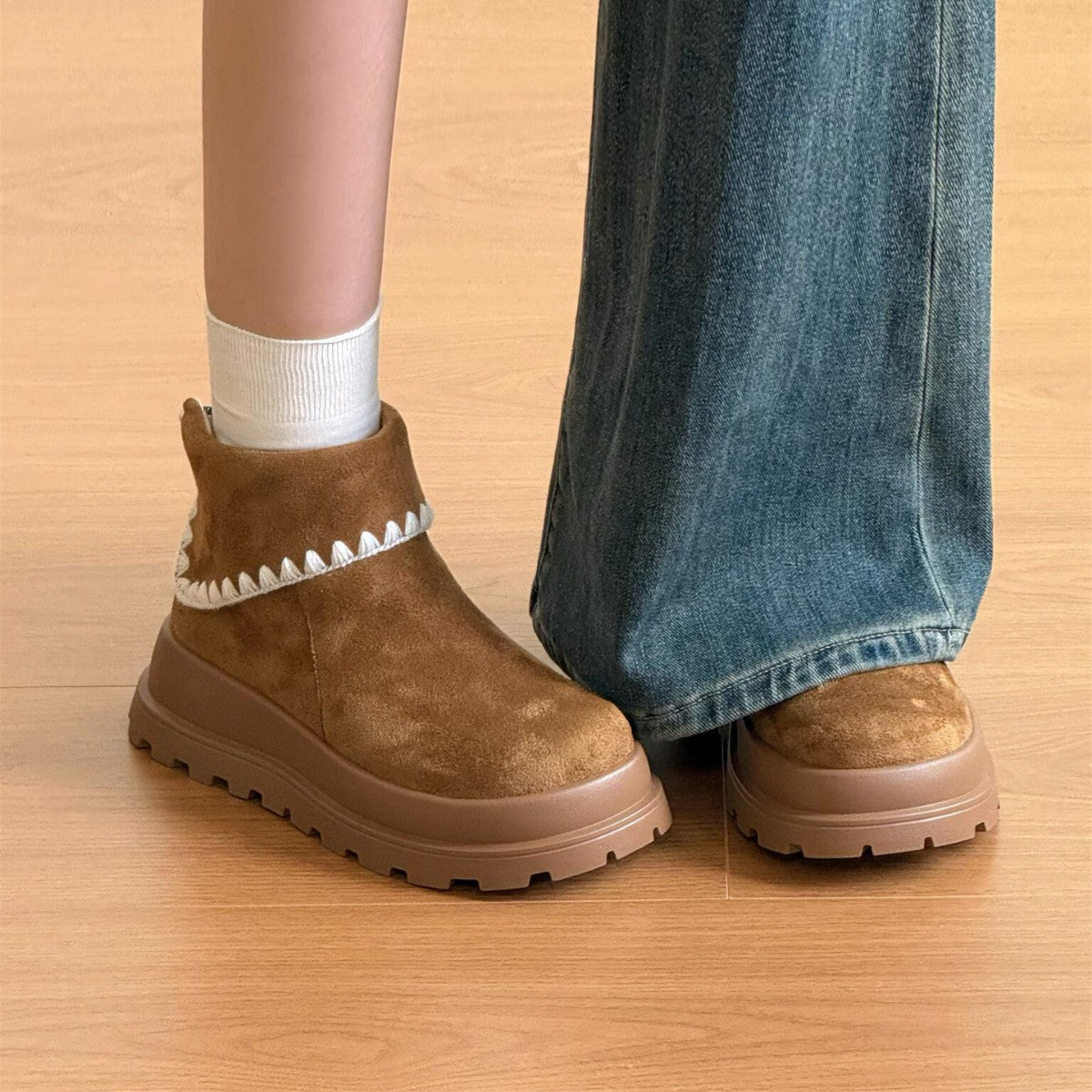 Damen Stiefeletten Weiches Wildleder Rippensaum Wintermode