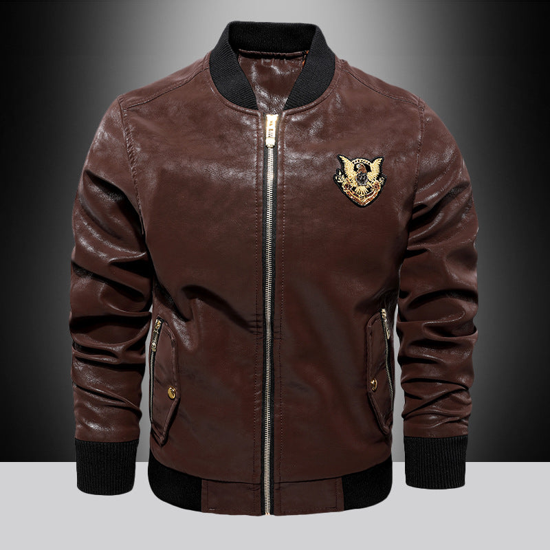 Herren Lederjacke Bomber Modisch Bestickt Kunstleder Schwarz