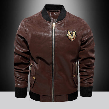 Herren Lederjacke Bomber Modisch Bestickt Kunstleder Schwarz