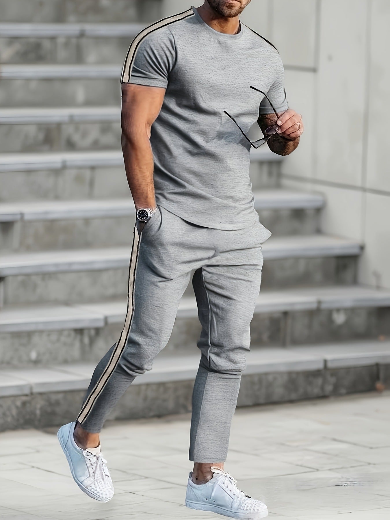 Herren Sportanzug Jogginghose Set mit Seitennähten modern