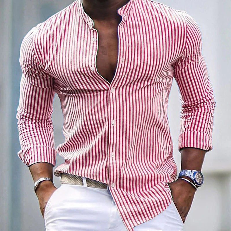 Herren Langarmhemd Modern Stehkragen Streifen Design - BerlinGlamour
