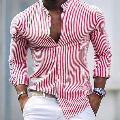 Herren Langarmhemd Modern Stehkragen Streifen Design - BerlinGlamour