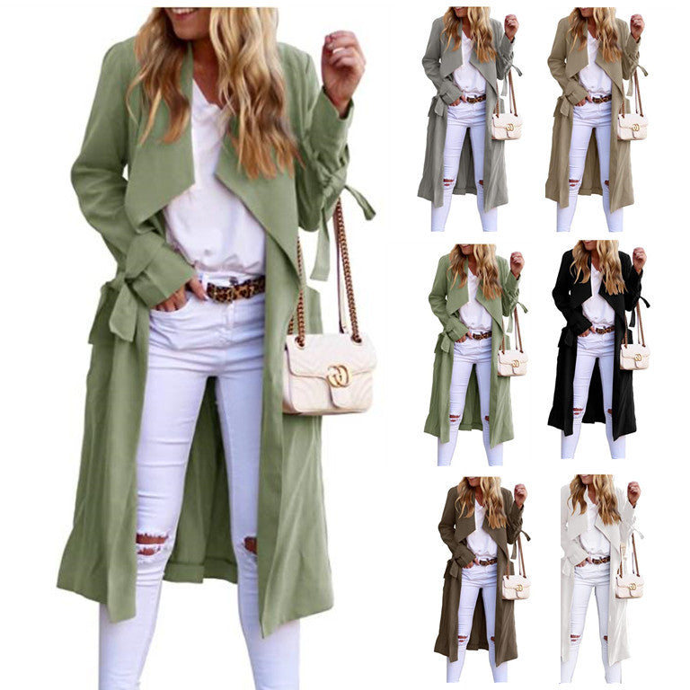 Damen Trenchcoat Lang Fließend mit Gürtel und Revers - BerlinGlamour