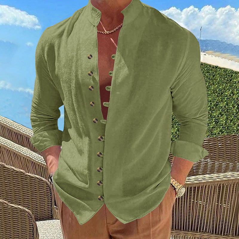 Herren Langarmhemd Modern mit Knöpfen und Stehkragen