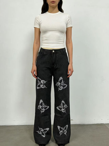 Damen Jeans Hoher Bund Blumenmuster Flare Style