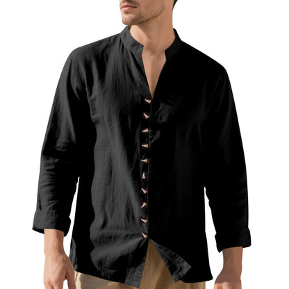 Herren Langarmhemd Elegantes Stehkragenhemd Mit Knöpfen Schwarzes Hemd
