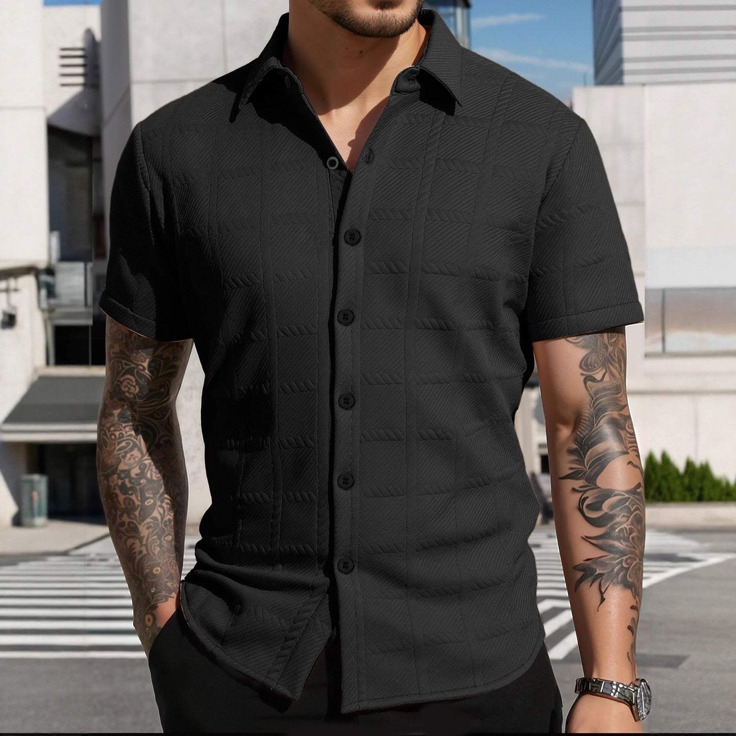 Herren Hemd Kurzarm Modern Strukturiert Elegant