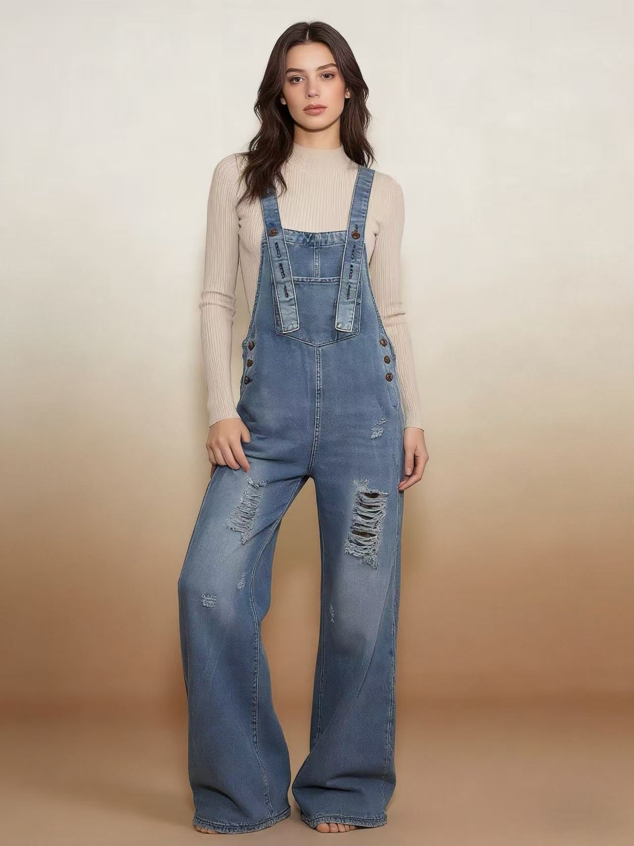 Damen Latzhose Jeans Weitbein Riss Effekt