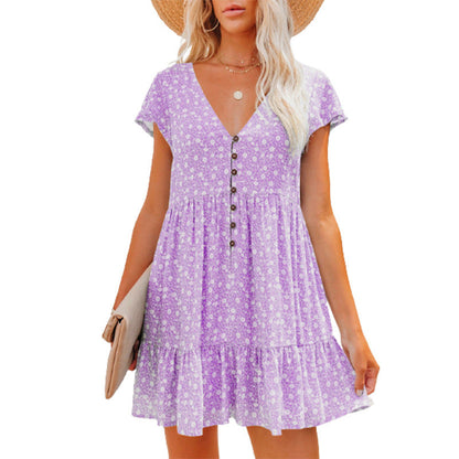 Sommerkleid Damen Blumenmuster Knöpfe Elegant